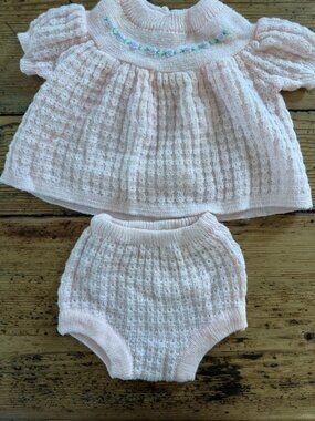 Vintage Baby Girl Knit Dress W/ Bloomers Pink Hand Embroidered Floral Outfit